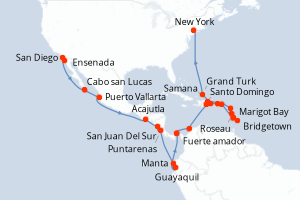 Carte itinéraire croisière Mexique, Salvador, Nicaragua, Costa Rica, Équateur, Panama, Colombie, République Dominicaine, Porto Rico, Dominique, Barbade, Sainte-Lucie, Antigua-et-Barbuda, Royaume-Uni, États-Unis - 32 jours au départ de San Diego - Amérique du Nord