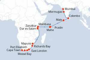 Carte itinéraire croisière Afrique du Sud, Mozambique, Tanzanie, Kenya, Seychelles, Maldives, Sri Lanka, Inde - 26 jours au départ de Cape Town - Mer Rouge Océan Indien