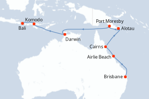 Carte itinéraire croisière Australie, Papouasie-Nouvelle-Guinée, Indonésie - 14 jours au départ de Brisbane - Asie
