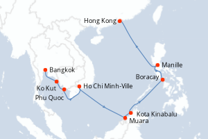 Carte itinéraire croisière Thaïlande, Vietnam, Brunei, Malaisie, Philippines, Chine - 13 jours au départ de Bangkok - Asie