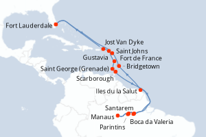 Carte itinéraire croisière États-Unis, Royaume-Uni, France, Grenade, Trinité-et-Tobago, Brésil, Barbade, Antigua-et-Barbuda - 25 jours au départ de Fort Lauderdale - Caraïbes Bahamas