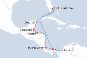 Carte itinéraire croisière États-Unis, Panama, Costa Rica, Honduras, Belize, Mexique - 10 jours au départ de Fort Lauderdale - Caraïbes Bahamas