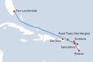 Carte itinéraire croisière États-Unis, Porto Rico, Antigua-et-Barbuda, Dominique, Royaume-Uni - 11 jours au départ de Fort Lauderdale - Caraïbes Bahamas