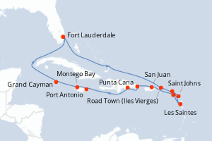 Carte itinéraire croisière États-Unis, Antigua-et-Barbuda, France, Royaume-Uni, Porto Rico, République Dominicaine, Jamaïque, Caïmans (Îles) - 17 jours au départ de Fort Lauderdale - Caraïbes Bahamas