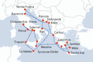 Carte itinéraire croisière Grèce, Monténégro, Croatie, Italie, Malte - 24 jours au départ de Civitavecchia - Rome - Méditerranée
