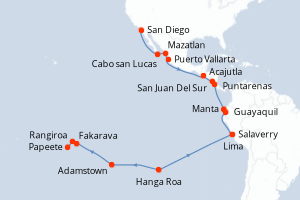 Carte itinéraire croisière États-Unis, Mexique, Salvador, Nicaragua, Costa Rica, Équateur, Pérou, Chili, Royaume-Uni, France - 31 jours au départ de San Diego - Tahiti