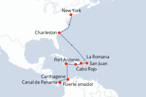 Carte itinéraire croisière Panama, Colombie, Jamaïque, République Dominicaine, Porto Rico, États-Unis - 14 jours au départ de Fuerte amador - Amérique du Nord