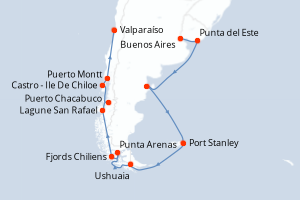 Carte itinéraire croisière Argentine, Uruguay, Îles Malouines, Chili - 18 jours au départ de Buenos Aires - Amérique du Sud