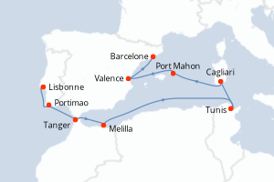 Carte itinéraire croisière Portugal, Maroc, Tunisie, Italie, Espagne - 9 jours au départ de Lisbonne - Méditerranée