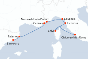 Carte itinéraire croisière Espagne, France, Monaco, Italie - 9 jours au départ de Barcelone - Méditerranée