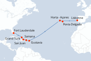 Carte itinéraire croisière Portugal, Royaume-Uni, Porto Rico, République Dominicaine, États-Unis - 14 jours au départ de Lisbonne - Caraïbes Bahamas