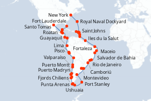 Carte itinéraire croisière États-Unis, Antigua-et-Barbuda, France, Porto Rico, Royaume-Uni, Sainte-Lucie, Trinité-et-Tobago, Brésil, Uruguay, Argentine, Îles Malouines, Chili, Pérou, Équateur, Panama, Costa Rica, Honduras, Belize, Mexique - 71 jours au départ de New York - Caraïbes Bahamas