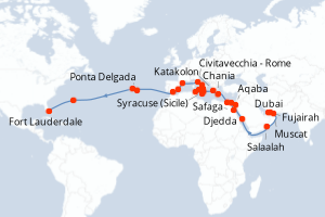 Carte itinéraire croisière Emirats Arabes Unis, Oman, Arabie Saoudite, Jordanie, Egypte, Grèce, Malte, Tunisie, Italie, Espagne, Portugal, Royaume-Uni, États-Unis - 45 jours au départ de Dubai - Caraïbes Bahamas