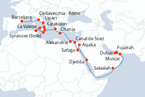Carte itinéraire croisière Emirats Arabes Unis, Oman, Arabie Saoudite, Jordanie, Egypte, Grèce, Malte, Tunisie, Italie, Espagne - 31 jours au départ de Dubai - Méditerranée
