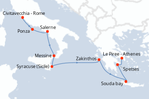 Carte itinéraire croisière Italie, Grèce - 8 jours au départ de Civitavecchia - Rome - Méditerranée