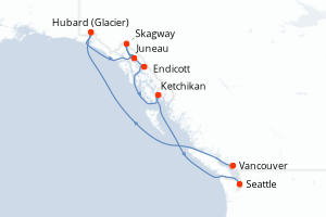 Carte itinéraire croisière Pasaje Interior (de Vancouver a Seattle) - 9 jours au départ de Vancouver - Alaska