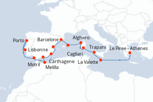 Carte itinéraire croisière Grèce, Malte, Italie, Espagne, Portugal - 15 jours au départ de Le Piree - Athenes - Atlantique