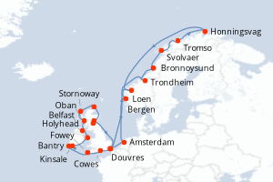 Carte itinéraire croisière Norvège, Pays-Bas, Royaume-Uni, Irlande - 28 jours au départ de Douvres - Europe du Nord