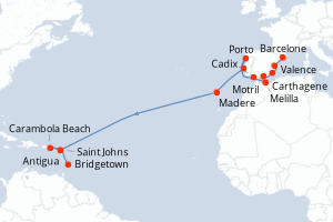 Carte itinéraire croisière Espagne, Portugal, Antigua-et-Barbuda, Royaume-Uni, Barbade - 21 jours au départ de Barcelone - Transatlantique
