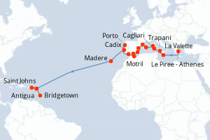 Carte itinéraire croisière Grèce, Malte, Italie, Espagne, Portugal, Antigua-et-Barbuda, Royaume-Uni, Barbade - 28 jours au départ de Le Piree - Athenes - Transatlantique