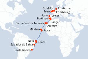 Carte itinéraire croisière Brésil, Cap-Vert, Espagne, Maroc, Portugal, France, Pays-Bas - 31 jours au départ de Rio de Janeiro - Transatlantique