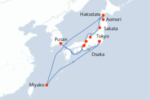 Carte itinéraire croisière Japon - 14 jours au départ de Tokyo - Asie