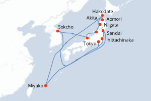Carte itinéraire croisière Corée du Sud, Japon - 14 jours au départ de Tokyo - Asie
