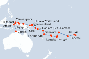 Carte itinéraire croisière Australie, Indonésie, Papouasie-Nouvelle-Guinée, Îles Salomon, Vanuatu, Fidji (Îles), Tonga, Samoa, Îles Cook, France - 35 jours au départ de Darwin - Tahiti