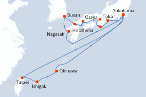 Carte itinéraire croisière Grand Japan with Okinawa et Taiwan - 18 jours au départ de Yokohama - Asie