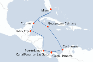 Carte itinéraire croisière États-Unis, Caïmans (Îles), Colombie, Panama, Costa Rica, Belize, Mexique - 11 jours au départ de Miami - Caraïbes Bahamas