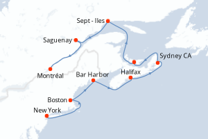 Carte itinéraire croisière États-Unis, Canada - 11 jours au départ de New York - Amérique du Nord