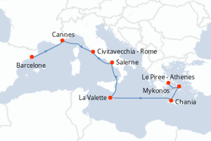 Carte itinéraire croisière Espagne, France, Italie, Malte, Grèce - 10 jours au départ de Barcelone - Méditerranée