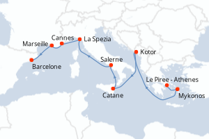 Carte itinéraire croisière Grèce, Monténégro, Italie, France, Espagne - 11 jours au départ de Le Piree - Athenes - Méditerranée