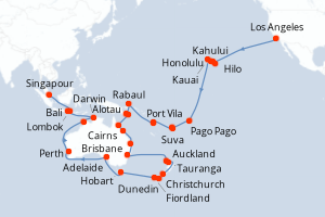 Carte itinéraire croisière Pacífico Sur: De Los Ángeles a Singapur - 69 jours au départ de Los Angeles - Asie