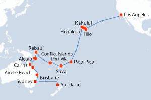 Carte itinéraire croisière Cruce de Hawái y el Pacífico Sur - 41 jours au départ de Los Angeles - Australie Nouvelle Zélande