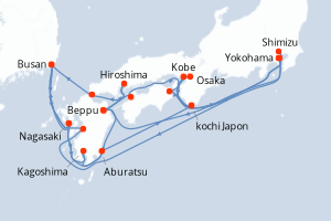 Carte itinéraire croisière Grand Japan Cherry Blossoms - 23 jours au départ de Yokohama - Asie