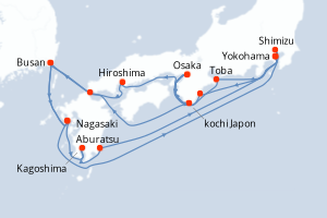 Carte itinéraire croisière Grand Japan with Kumano Fireworks - 20 jours au départ de Yokohama - Asie