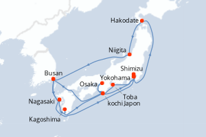 Carte itinéraire croisière Grand Circle Japan - 19 jours au départ de Yokohama - Asie