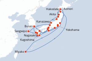 Carte itinéraire croisière Ultimate Circle Japan with Fall Foliage - 28 jours au départ de Yokohama - Asie