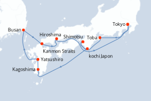 Carte itinéraire croisière Japan Explorer Cherry Blossoms - 10 jours au départ de Tokyo - Asie