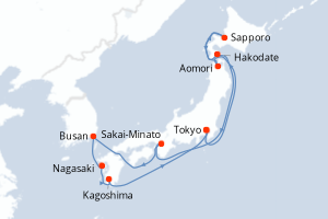 Carte itinéraire croisière Hokkaido Cherry Blossoms - 11 jours au départ de Tokyo - Asie