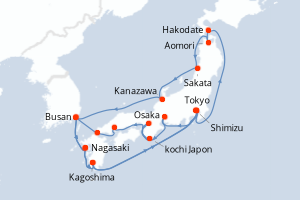 Carte itinéraire croisière Grand Circle Japan - 22 jours au départ de Tokyo - Asie