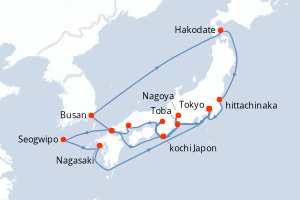 Carte itinéraire croisière Grand Circle Japan with Hakodate Minato - 18 jours au départ de Tokyo - Asie