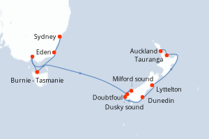 Carte itinéraire croisière Australie, Nouvelle-Zélande - 11 jours au départ de Sydney - Australie Nouvelle Zélande