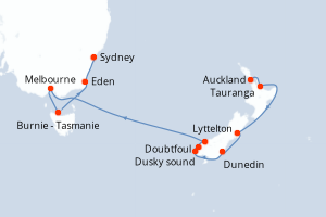 Carte itinéraire croisière Nouvelle-Zélande, Australie - 11 jours au départ de Auckland - Australie Nouvelle Zélande