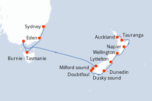 Carte itinéraire croisière Australie, Nouvelle-Zélande - 12 jours au départ de Sydney - Australie Nouvelle Zélande