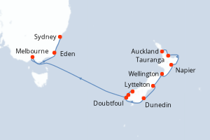 Carte itinéraire croisière Nouvelle-Zélande, Australie - 12 jours au départ de Auckland - Australie Nouvelle Zélande