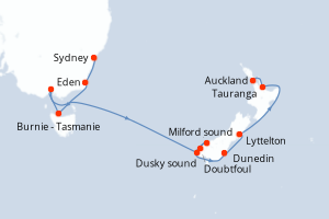 Carte itinéraire croisière Australie, Nouvelle-Zélande - 11 jours au départ de Sydney - Australie Nouvelle Zélande