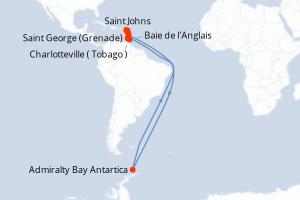 Carte itinéraire croisière Grenade à Antigua - 10 jours au départ de Saint George (Grenade) - Caraïbes Bahamas