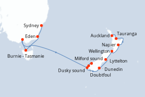Carte itinéraire croisière Australie, Nouvelle-Zélande - 12 jours au départ de Sydney - Australie Nouvelle Zélande